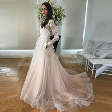 2020 vestido de noiva princesa O-neck Flower Appliqued Long Sleeve Wedding Dresses With Pockets Sheer Back Bride Dress 2024 - buy cheap