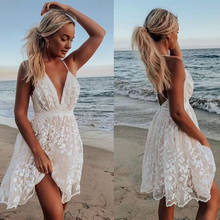 Women Party Lace Flower Backless Mini Summer Dress 2021 Sexy Sling Spaghetti straps V Neck Wedding Club Vestidos White Dresses 2024 - buy cheap