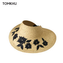 Sombreros de paja con visera grande para mujer, sombreros de paja con bordado de flores a mano, para el sol, moda de verano, vacaciones en la playa 2024 - compra barato