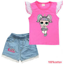 LoL suprise/оригинальные детские комплекты футболка и джинсовые шорты Детская футболка с изображением куклы Лола летняя одежда для маленьких девочек Одежда для девочек 2024 - купить недорого