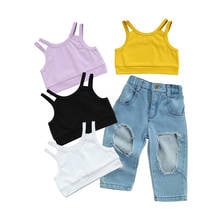 Conjuntos de ropa de moda para niños y niñas de 1 a 7 años, 2 piezas, sólido, sin mangas, Jersey, chaleco, Tops, pantalones vaqueros, 4 colores 2024 - compra barato