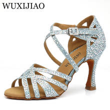 Wuxijiao sapatos de salsa latina, sapatos para dança, dança, sala de dança, com strass, azul claro 2020 2024 - compre barato