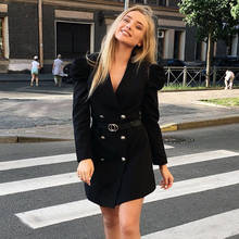 2019 Autumn Fashion Women Solid Shirts Dress High Street Long Puff Sleeve V-Neck Mini Dress Lady Defined Waist Shirt Tunic Dress 2024 - buy cheap