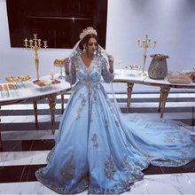 Stunning Appliques Moroccan Kaftan Bridal Dress With Train Sky Blue Beaded Long Sleeve Dubai Saudi Arabia Wedding Gowns Custom 2024 - buy cheap