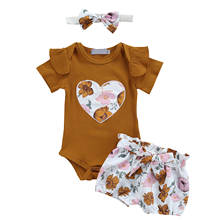 0-24m infantil bebê menina verão moda roupas de manga curta coração macacão floral shorts bandana 3 pçs conjunto 2024 - compre barato