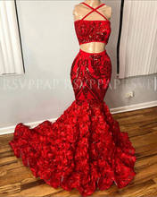 African Black Girls Long Prom Dresses 2022 Boat Neck Red Sequin 3D Rose Two Piece Mermaid Women Prom Dress 2024 - buy cheap