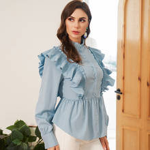 Camisa feminina estilo palácio, camisa de duas cores plissada com babados gola alta, manga comprida, em chiffon 2024 - compre barato