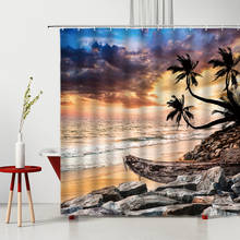 Cortina de ducha con paisaje de playa al atardecer, velero antiguo, palmera de agua de mar, flor, flamenco, Animal, paisaje Tropical, cortinas de baño 2024 - compra barato