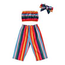 1-5Y Fashion Kids Girls Clothes Sets 3pcs Rainbow Striped Print Sleeveless Strapless Vest Tops Long Pants Headband 2024 - buy cheap