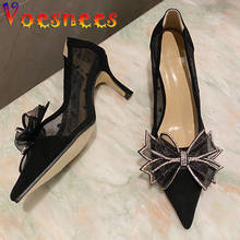 Voesnees-zapatos de tacón alto con punta estrecha para mujer, calzado individual con diamantes de imitación y nudo de mariposa, con lentejuelas, boca baja, 2021 2024 - compra barato