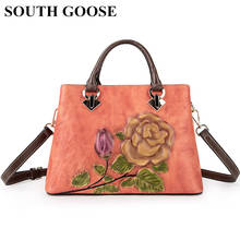 South goose 2020 novo couro genuíno bolsas femininas retro floral em relevo feminino bolsa de ombro de luxo senhora crossbody saco 2024 - compre barato