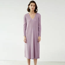 Vestido feminino plissado, plus size, 45-75kg, novo, primavera, verão, manga comprida, de cor sólida, miyake, solto, linha a, 2020 2024 - compre barato