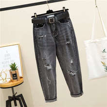 5xl plus size preto cinza vintage buraco rasgado cintura alta jeans solto denim harem calças femininas streetwear casual mãe jeans c7327 2024 - compre barato
