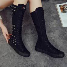 Spring Autumn New Korean Style Flat Heels Cut-outs Rivet Cross-tied Plus Size 40-43 Canvas Women Knee-High Long Equestrian Boots 2024 - buy cheap