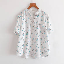 Женская блузка с цветочным принтом, хлопковая рубашка в японском стиле с коротким рукавом и воротником-стойкой, Новинка лета 2020 2024 - купить недорого