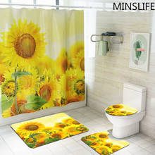 Juego de cortina de ducha con estampado de girasol amarillo, alfombra antideslizante, bañera, pantalla de inodoro, decoración de baño impermeable con ganchos 2024 - compra barato