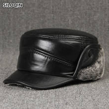 SILOQIN Dad's Hat High Quality Genuine Leather Hat Middle Old Aged Sheepskin Military Hats Earmuffs Thicken Winter Warm Flat Cap 2024 - buy cheap