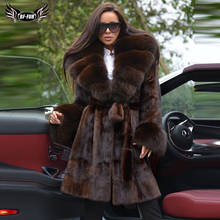 Fashion Winter Real Mink Fur Coat For Women With Big Fox Fur Lapel Collar Thick Warm Genuine Mink Fur Jacket Long With Fur Belt 2024 - buy cheap