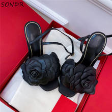 Sandalias de tacón alto con estampado de flores para mujer, zapatos de piel auténtica de estilo Gladiador, a la moda, color negro, para fiesta, 2021 2024 - compra barato