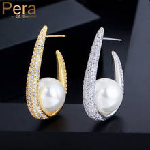 Pera Elegant Brilliant Women Big Round Pearl Cubic Zirconia Yellow Gold Circle Long Drop Earrings for Party Jewelry Gift E393 2024 - buy cheap