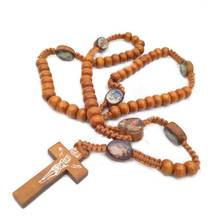 QIGO Catholic Rosary Necklace Wooden Beads Hand-woven Cross Necklace Religious Ornament 2024 - buy cheap