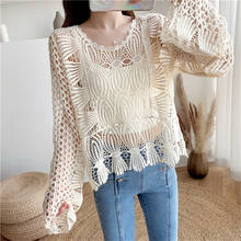 2021 Crochet White Knitted Beach Cover Up Pullover Women Long Sleeve Sexy Hollow Out Knitted Tops Swim Cover Up Beachwear 2024 - buy cheap