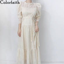 Colorfaith New 2020 Summer Women's Dresses Stand Collar Casual Puff Sleeve Floral Vintage Lace Up Hollow Out Long Dress DR1128 2024 - buy cheap