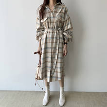 Женское асимметричное платье в клетку Johnature, свободное платье в Корейском стиле с отложным воротником и рукавами-фонариками, Бандажное платье для осени, 2021 2024 - купить недорого
