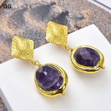 GuaiGuai Jewelry 19x20MM Natural Purple Amethyst Stone Yellow Gold Color Plated Earrings 2024 - buy cheap