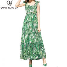 Qian han zi-vestido longo de verão, moda feminina, decote em v, estampado, maxi vestido elegante de chiffon, folhas, verde, vestido longo de praia e férias 2024 - compre barato