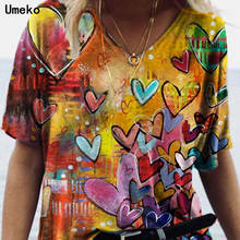 Umeko Plus Size 5XL Women's Clothing Summer New Fashion Women V-neck Heart Print Short Sleeve Casual Loose T-shirt Y2k Top 2024 - buy cheap
