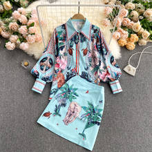 2021 Summer Two Piece Suits Women Tropical Jungle Elephant Print Long Lantern Sleeve Shirt Top + Shorts A-Line Skirt 2 Piece Set 2024 - buy cheap