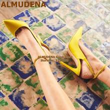 ALMUDENA-zapatos de tacón de aguja para mujer, calzado de satén amarillo, puntiagudo, brillante, con correa de cristal, para boda, talla 47 2024 - compra barato