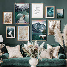 Cuadro sobre lienzo de madera para decoración de sala de estar, carteles nórdicos de montaña, lago, barco, hierba seca, árbol, impresiones 2024 - compra barato