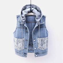 Femme Short Denim Vest Women Detachable Hooded Coat Lace Big Pocket 2021 Spring Sleeveless Jeans Jacket Female Cardigan  2024 - buy cheap