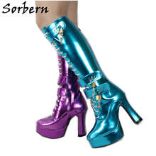 Sorbern Blue Metallic Locking Women Boots Knee High 6 Lockable Strap Lace Up Block Heels Spool Platform Sexy Fetish Boot Lady 2024 - buy cheap