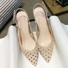 Polka dot mesh single shoes women's thick heel 2021 new Baotou spring mid-heel shallow mouth pointed back high heel sandals 2024 - buy cheap