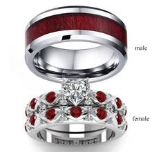 Brown red wood grain male ring double layer structure cubic zirconia heart shaped female ring engagement wedding jewelry 2024 - buy cheap
