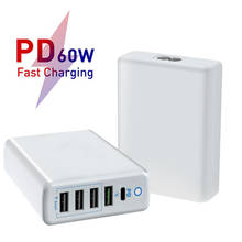 Estación de carga rápida para teléfono móvil, cargador de 60W, 5 puertos USB-C tipo C, QC3.0, 20W, PD, USB, para iPhone 12, X, Xs, 8, Xiaomi, Huawei 2024 - compra barato