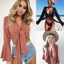 Summer Womens Shirts Fashion Butterfly Sleeve Lace Up Bandage Sexy Short Shirts Ladies Casual Banded Solid Color Tops 2024 - buy cheap