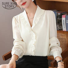 Винтажная шифоновая белая блузка для женщин 2021 Топ с длинным рукавом с оборками и V-образным вырезом кардиган офисные женские рубашки блузки женские блузы 11592 2024 - купить недорого