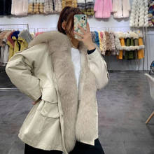 Oftbuy casaco de pele 2021 real, jaqueta de inverno feminina, natural, raposa, gola, coelho, forro de pele, grosso, quente, roupa urbana removível 2024 - compre barato