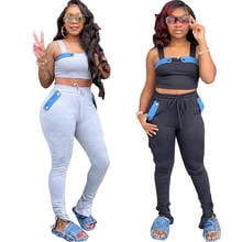 Conjunto de 2 piezas de pantalones apilados para mujer, camiseta sin mangas con hombros descubiertos y leggings plisados de cintura alta, informal, para verano, gris 2024 - compra barato