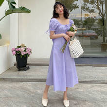 Women Summer Lantern Sleeve Bows Square Collar A-line Dress Sweet French Retro Elegant Dress Purple Holiday Vestidos 2024 - buy cheap