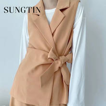 Sungtin-Conjunto de dos piezas de chaleco de oficina para mujer, Blazer con cinturón, pantalones, traje de pierna ancha, Blazer sin mangas, Coreano 2024 - compra barato