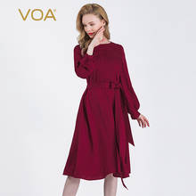 VOA-vestido Jacquard de seda de color rojo oscuro, vestido de cintura alta con cuello redondo y manga farol, simétrico, hojas sueltas, 22 m/m, AJ01 2024 - compra barato