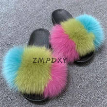 New Arrival Real Fox Fur Slides Women's Fluffy Raccoon fur Slippers Ladies Rainbow Open toe Sandals Female Fluffy Flip Flops 2024 - buy cheap