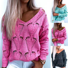 Suéter hueco para mujer, suéteres de diseño transparente, cuello en V, manga larga, Color sólido, Top de punto suelto informal 2024 - compra barato