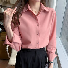 Camisa feminina chiffon manga comprida, blusa feminina botão botão vintage envio direto 2021 2024 - compre barato