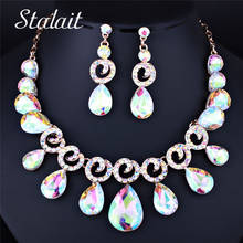 Fashion AB Color Water Drop Crystal Glass Necklace Earrings Bridal Jewelry Chic Shape Rhinestone Jewelry Set 2024 - buy cheap